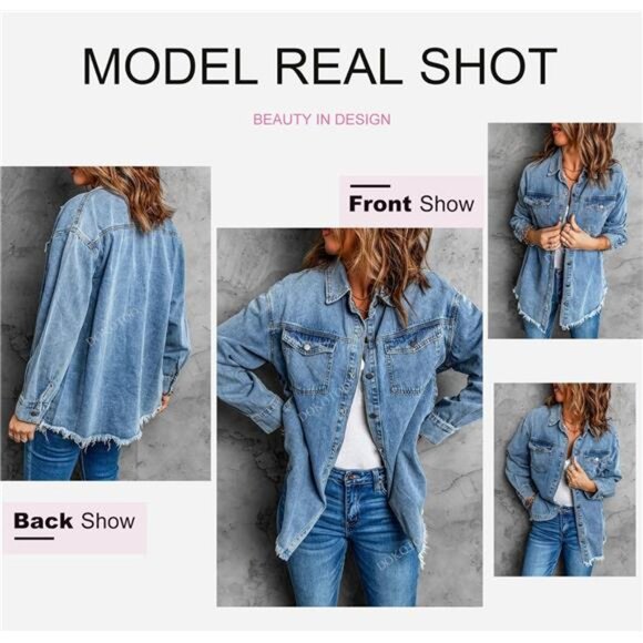 Women's Oversized Denim Blue Jacket Casual‎ Long Sleeve Jean Jacket Fall Spring - Picture 3 of 6